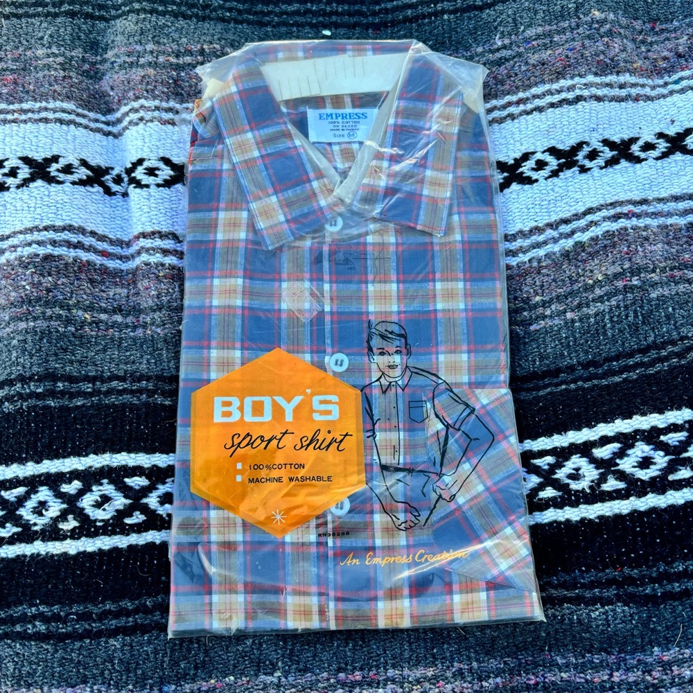 VTG 70s EMPRESS BOYS SPORTS SHIRT BLUE YELLOW PLAID BUTTON DOWN SIZE 14 COTTON